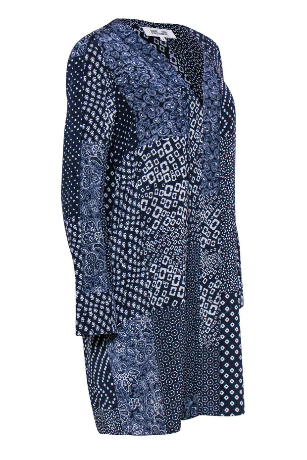 Current Boutique-Diane von Furstenberg - Navy & White Patchwork Print Silk Shift Dress Sz M