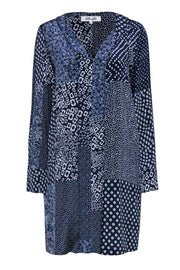 Current Boutique-Diane von Furstenberg - Navy & White Patchwork Print Silk Shift Dress Sz M