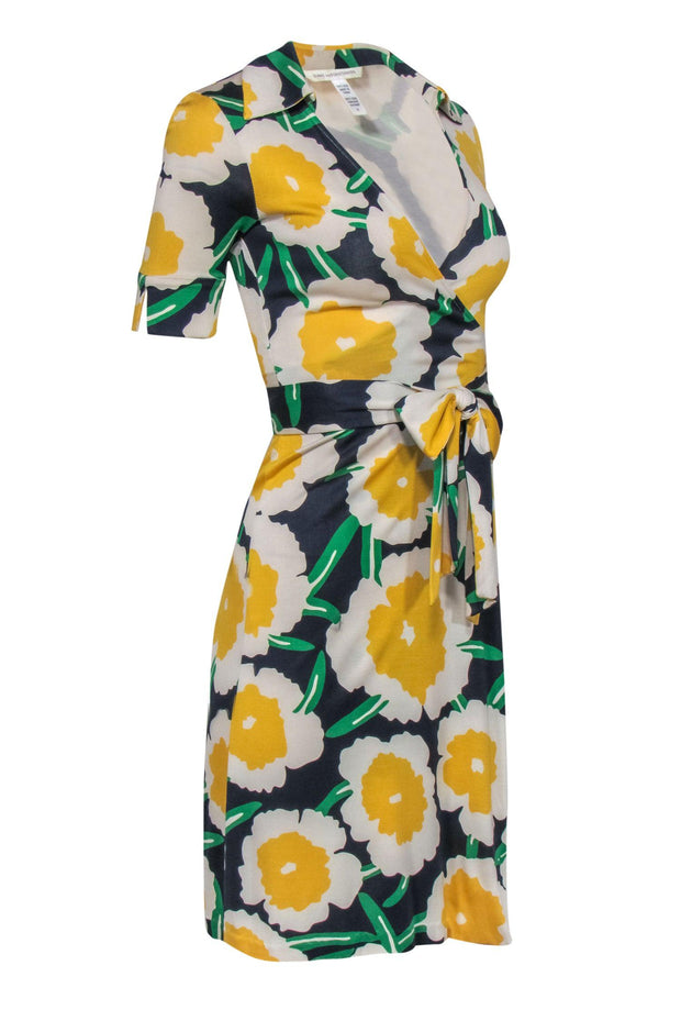 Current Boutique-Diane von Furstenberg - Navy, White, Yellow & Green Floral Print Silk Wrap Dress Sz 0