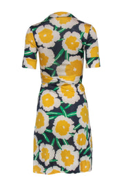 Current Boutique-Diane von Furstenberg - Navy, White, Yellow & Green Floral Print Silk Wrap Dress Sz 0