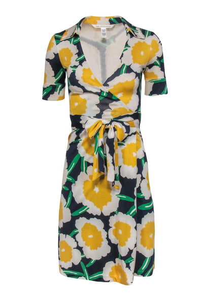 Current Boutique-Diane von Furstenberg - Navy, White, Yellow & Green Floral Print Silk Wrap Dress Sz 0