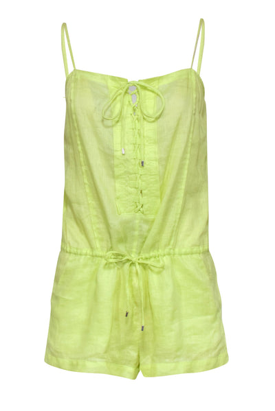 Current Boutique-Diane von Furstenberg - Neon Green Sleeveless Lace-Up Linen Romper Sz S