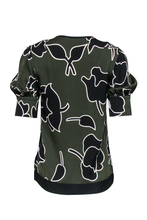 Current Boutique-Diane von Furstenberg - Olive Green & Black Floral Print Silk Blouse Sz 4