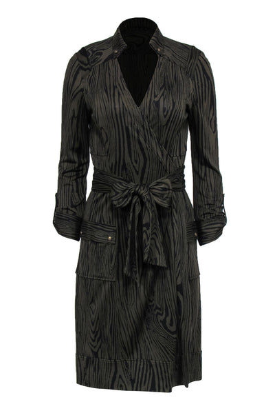 Current Boutique-Diane von Furstenberg - Olive Wood Grain Print Silk Midi Wrap Dress Sz 8