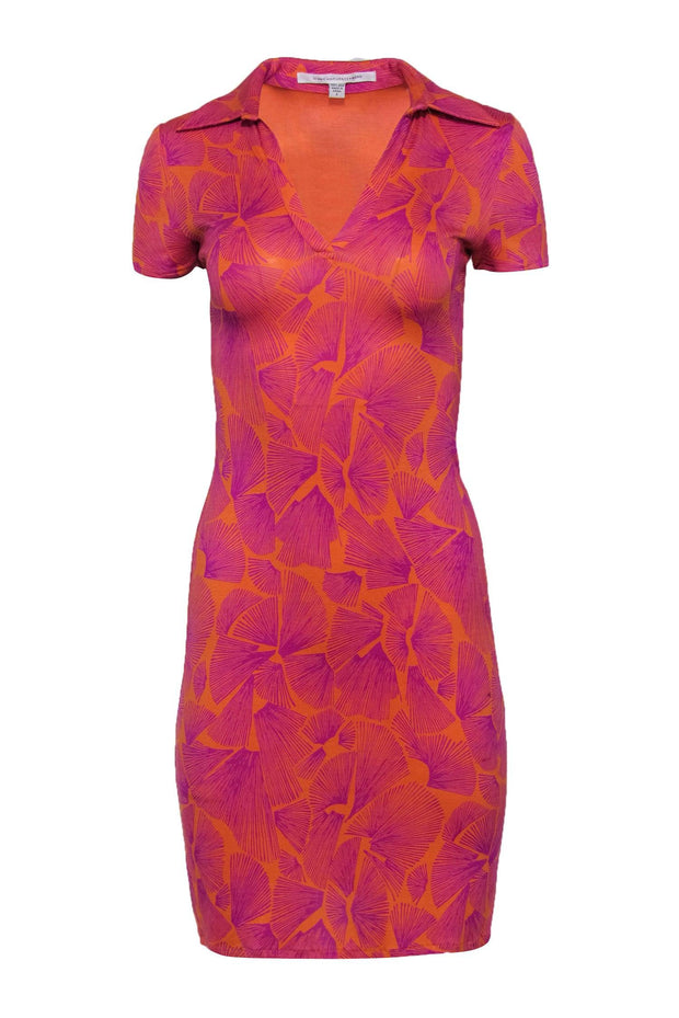 Current Boutique-Diane von Furstenberg - Orange & Purple Printed Silk Collared Dress Sz 2