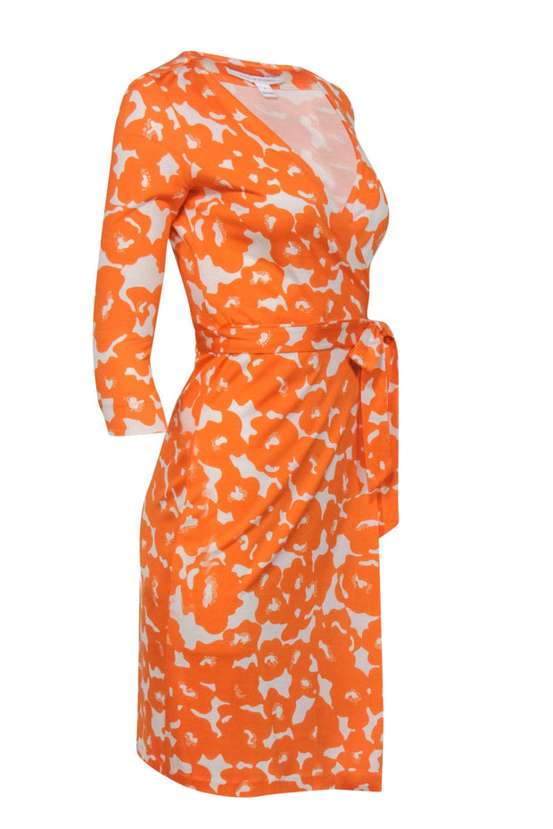 Current Boutique-Diane von Furstenberg - Orange & White Print Long Sleeve Wrap Dress Sz 2