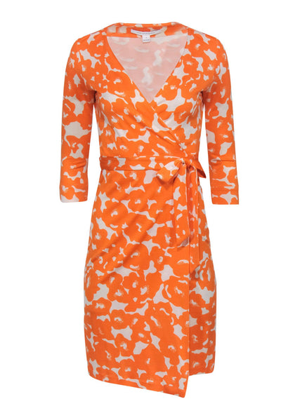 Current Boutique-Diane von Furstenberg - Orange & White Print Long Sleeve Wrap Dress Sz 2