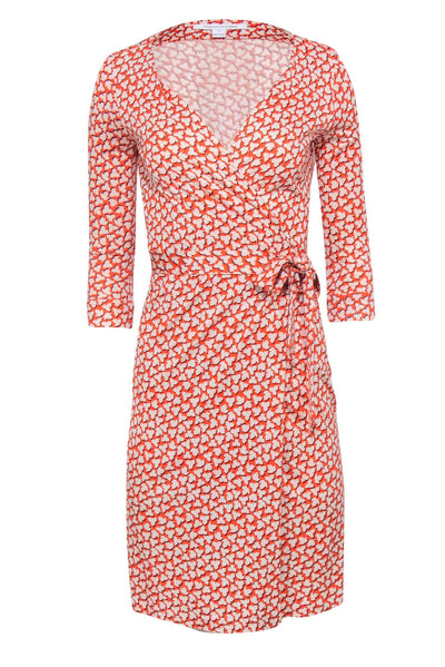 Current Boutique-Diane von Furstenberg - Orange w/ Cream Leaf Print Wrap Dress Sz 2