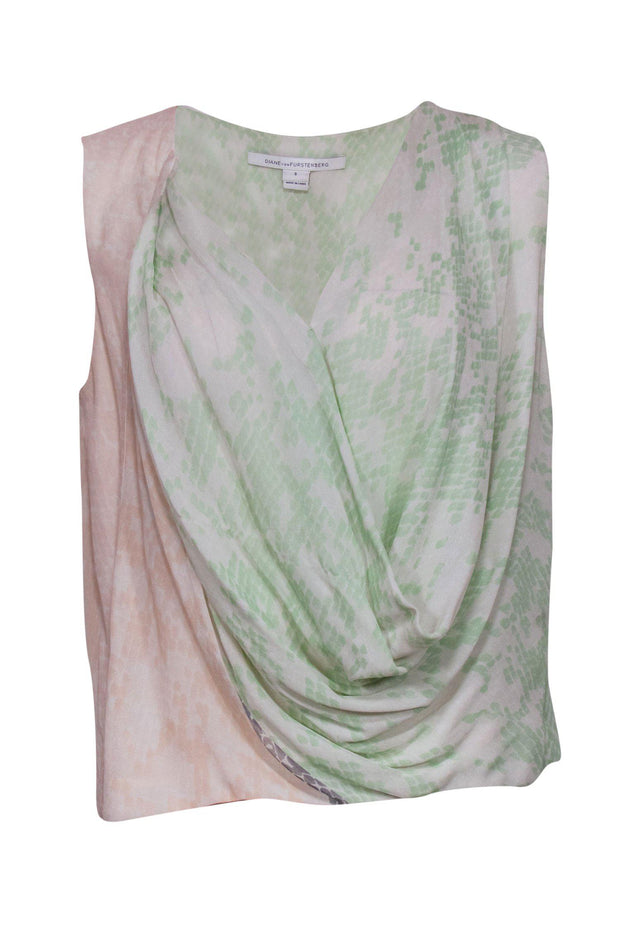 Current Boutique-Diane von Furstenberg - Pastel Green & Cream Snakeskin Silk Tank Sz 8
