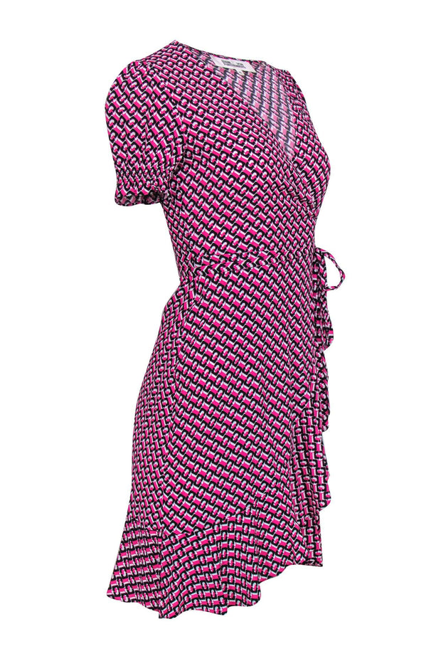 Current Boutique-Diane von Furstenberg - Pink, Black & White Print Short Sleeve Wrap Dress Sz XS