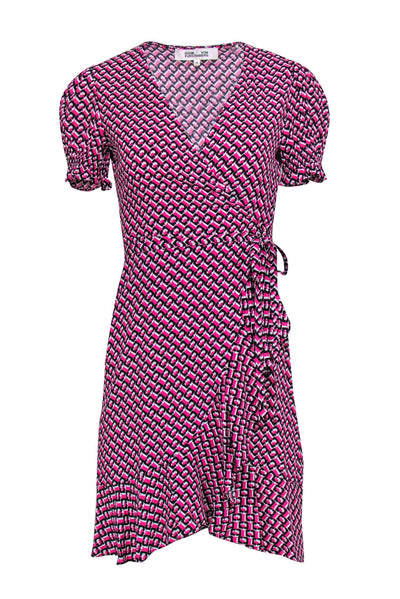 Current Boutique-Diane von Furstenberg - Pink, Black & White Print Short Sleeve Wrap Dress Sz XS