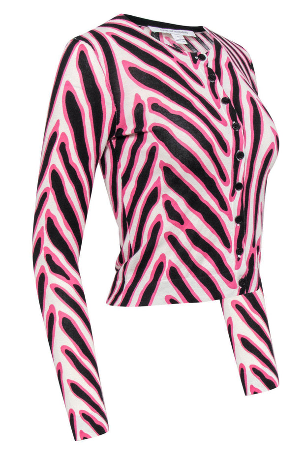 Current Boutique-Diane von Furstenberg - Pink, Black & White Zebra Print Cardigan Sz P