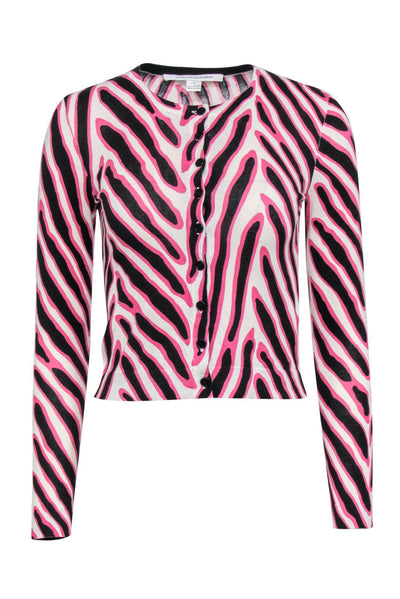 Current Boutique-Diane von Furstenberg - Pink, Black & White Zebra Print Cardigan Sz P