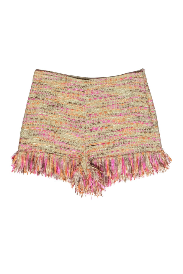 Current Boutique-Diane von Furstenberg - Pink & Gold Metallic Tweed Fringe Shorts Sz 12