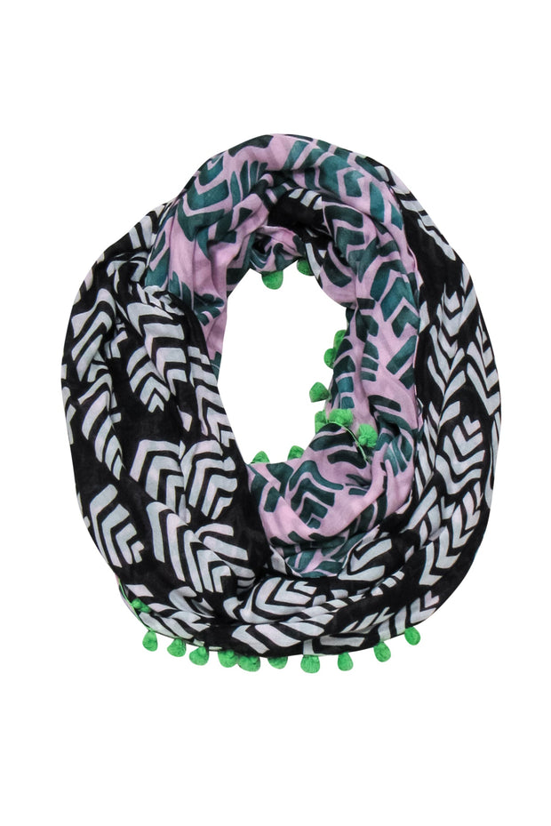 Current Boutique-Diane von Furstenberg - Pink, Green, Black & White Leaf Print Circle Scarf