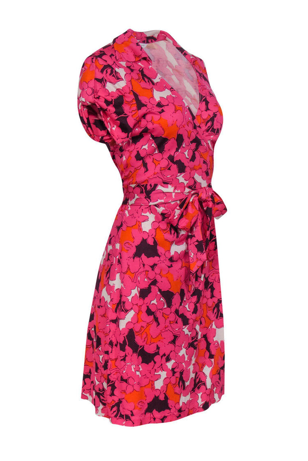 Current Boutique-Diane von Furstenberg - Pink, Orange & White Floral Print Short Sleeve Silk Wrap Dress Sz 8