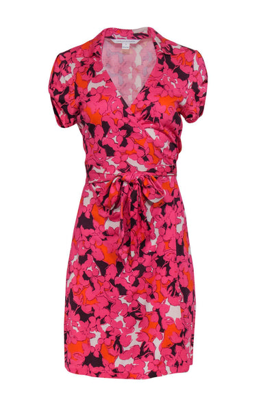 Current Boutique-Diane von Furstenberg - Pink, Orange & White Floral Print Short Sleeve Silk Wrap Dress Sz 8