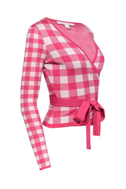 Current Boutique-Diane von Furstenberg - Pink & White Plaid Knitted Wrap Sweater Sz P