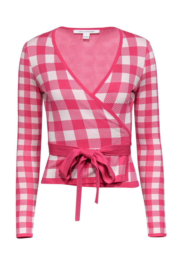 Current Boutique-Diane von Furstenberg - Pink & White Plaid Knitted Wrap Sweater Sz P