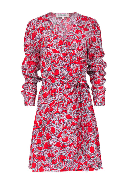 Current Boutique-Diane von Furstenberg - Red Abstract Bull Print Long Sleeve Wrap Dress Sz S