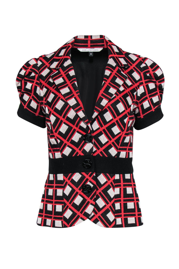Current Boutique-Diane von Furstenberg - Red, Black & Grey Printed Button-Up Top Sz 8
