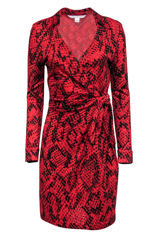 Current Boutique-Diane von Furstenberg - Red & Black Printed Silk Faux Wrap Dress Sz 8