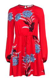 Current Boutique-Diane von Furstenberg - Red & Blue Floral Drawstring Waist Dress Sz 2