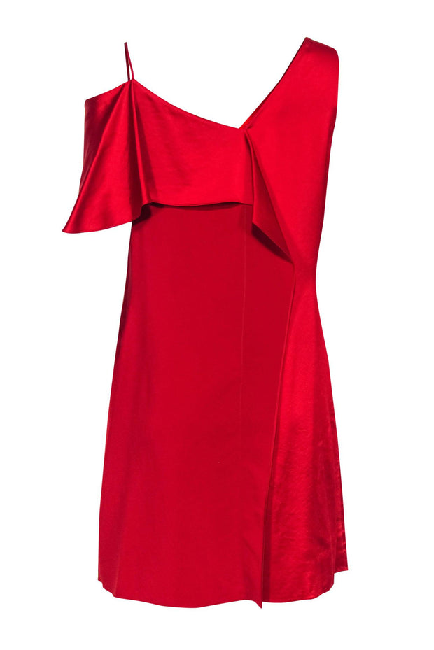 Current Boutique-Diane von Furstenberg - Red Draped Dress w/ Flounce & Asymmetrical Shoulders Sz 12