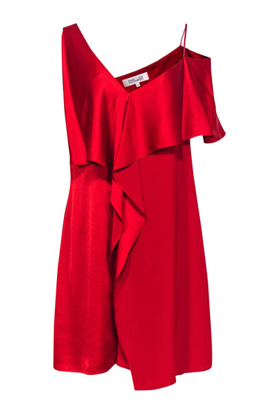 Current Boutique-Diane von Furstenberg - Red Draped Dress w/ Flounce & Asymmetrical Shoulders Sz 12