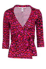 Current Boutique-Diane von Furstenberg - Red, Pink & Black Leopard Print Silk Wrap Blouse Sz 2