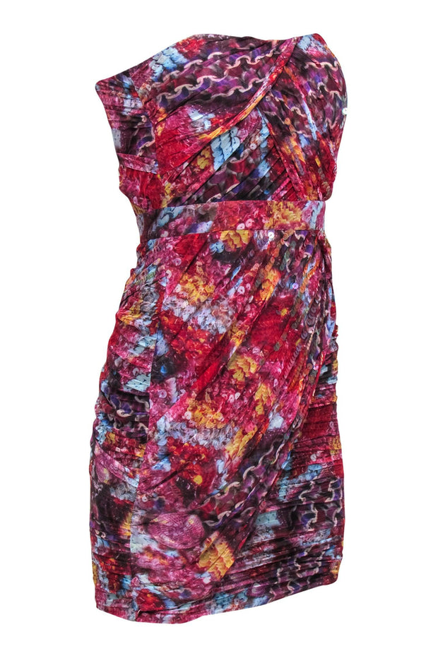 Current Boutique-Diane von Furstenberg - Red Printed Draped Strapless Silk Sheath Dress w/ Sequins Sz 2