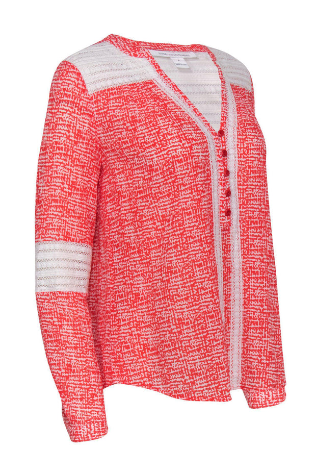 Current Boutique-Diane von Furstenberg - Red Silk Printed Peasant Blouse w/ Lace Trim Sz 8
