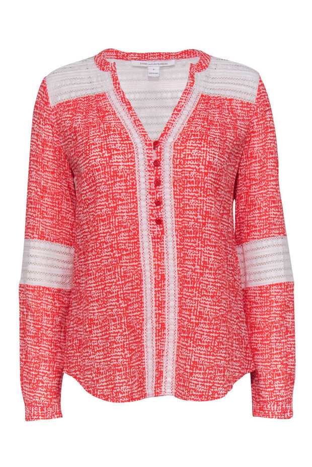 Current Boutique-Diane von Furstenberg - Red Silk Printed Peasant Blouse w/ Lace Trim Sz 8