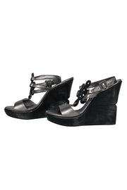 Current Boutique-Diane von Furstenberg - Silver & Black Leather Strappy Platform “Odette” Wedges Sz 8.5