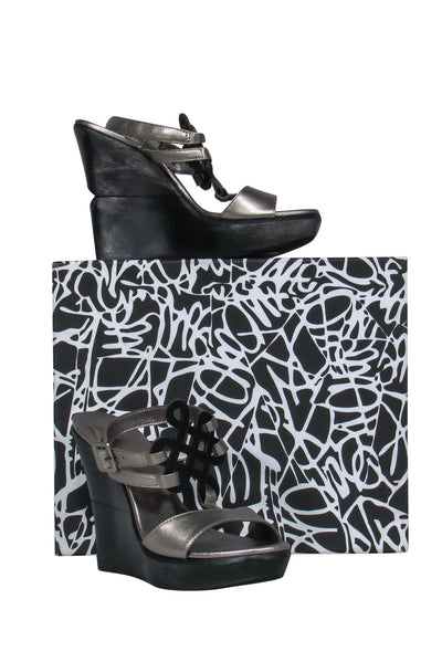 Current Boutique-Diane von Furstenberg - Silver & Black Leather Strappy Platform “Odette” Wedges Sz 8.5
