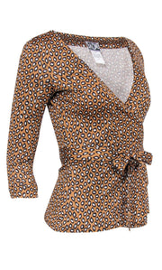 Current Boutique-Diane von Furstenberg- Tan, Black & White Cheetah Print Silk Wrap Top Sz 2