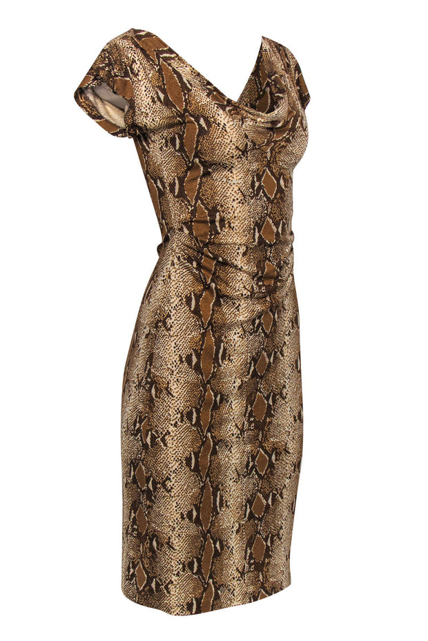 Current Boutique-Diane von Furstenberg - Tan Snakeskin Print Ruched Silk Midi Dress Sz 2