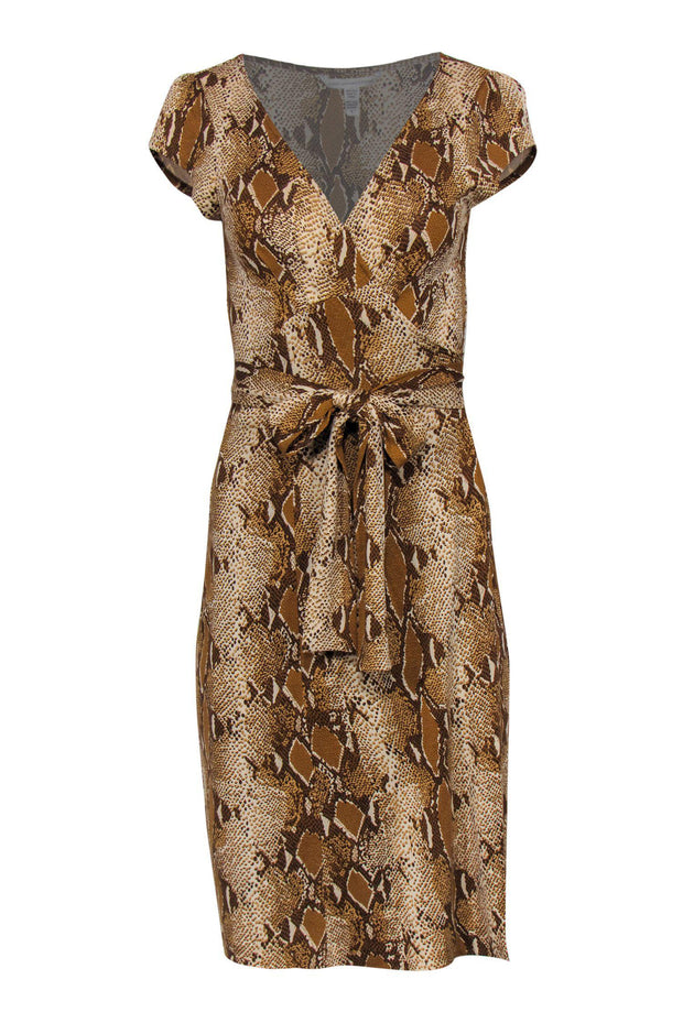 Current Boutique-Diane von Furstenberg - Tan Snakeskin Print Short Sleeve Silk Wrap Dress Sz 8