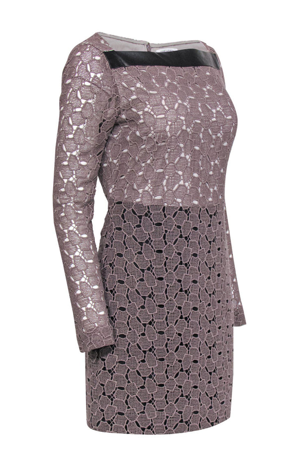 Current Boutique-Diane von Furstenberg - Taupe Eyelet Lace Shift Dress w/ Leather Trim Sz 6