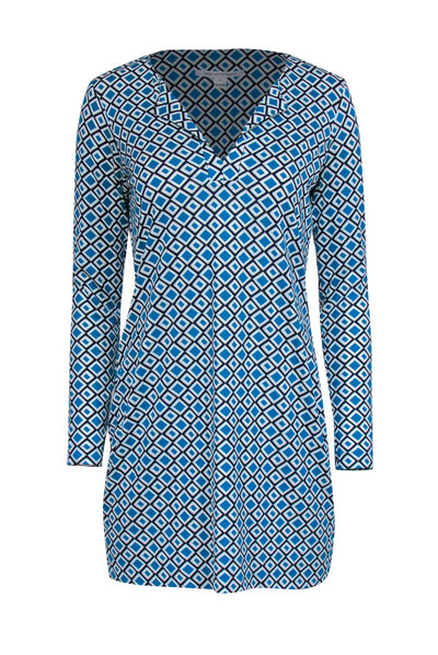 Current Boutique-Diane von Furstenberg - Teal, Navy & White Geometric Print Shift Dress Sz 6