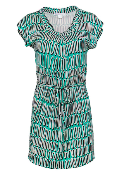 Current Boutique-Diane von Furstenberg - Teal & White Printed Silk Shift Dress w/ Tie Belt Sz 4