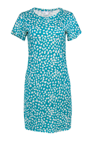 Current Boutique-Diane von Furstenberg - Teal & White Speckled Short Sleeve Silk Shift Dress Sz 8