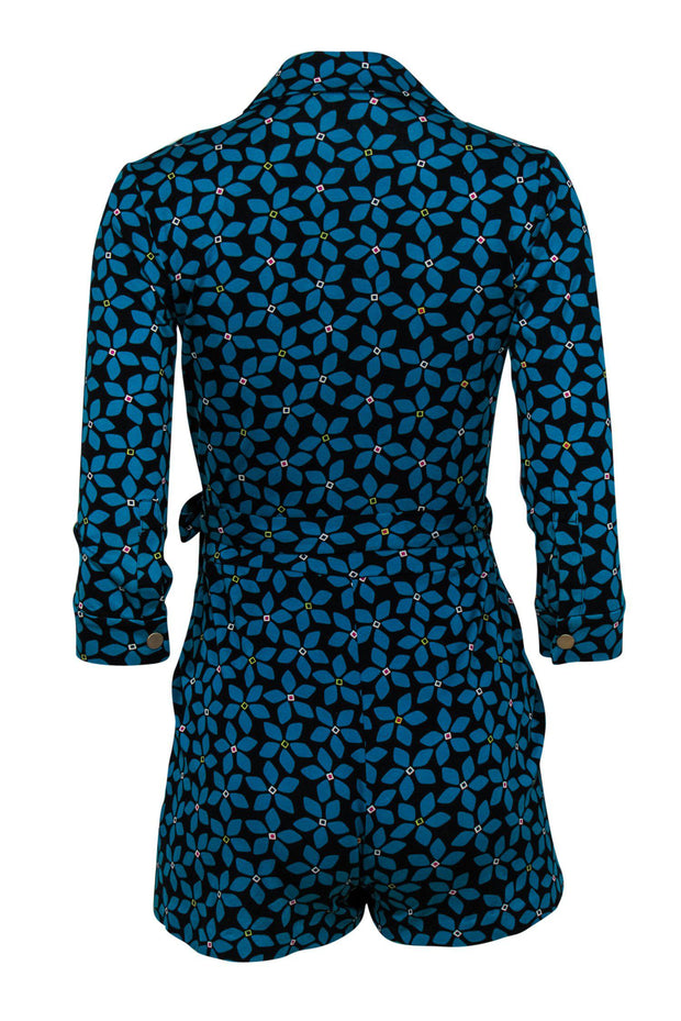 Current Boutique-Diane von Furstenberg - Turquoise & Black Floral Printed Wrap Romper Sz 2