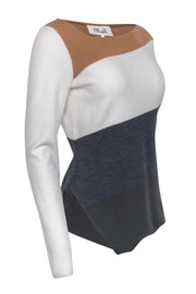 Current Boutique-Diane von Furstenberg - White, Beige & Grey Colorblocked Asymmetrical Knit Wool Blend Sweater Sz M