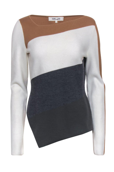 Current Boutique-Diane von Furstenberg - White, Beige & Grey Colorblocked Asymmetrical Knit Wool Blend Sweater Sz M
