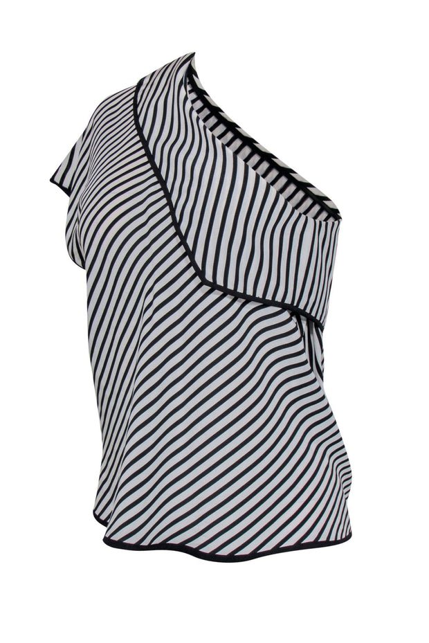Current Boutique-Diane von Furstenberg - White & Black Striped One-Shoulder Ruffle Silk Top Sz 4