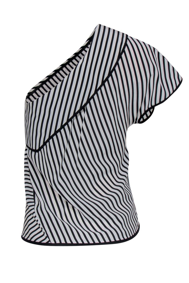 Current Boutique-Diane von Furstenberg - White & Black Striped One-Shoulder Ruffle Silk Top Sz 4