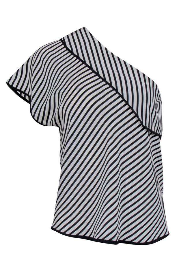 Current Boutique-Diane von Furstenberg - White & Black Striped One-Shoulder Ruffle Silk Top Sz 4