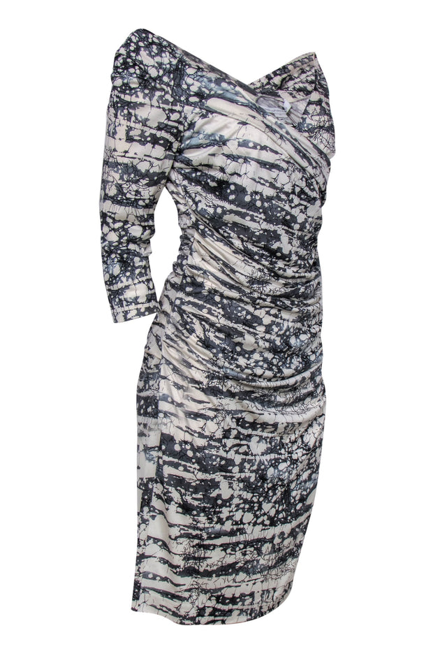 Current Boutique-Diane von Furstenberg - White & Gray Marbled Printed Ruched Dress Sz 10