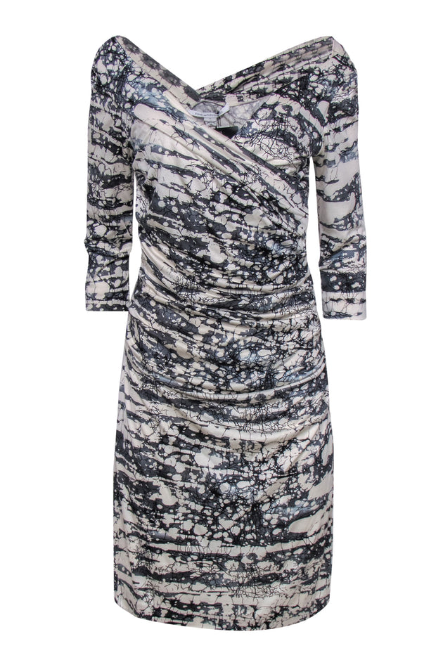 Current Boutique-Diane von Furstenberg - White & Gray Marbled Printed Ruched Dress Sz 10